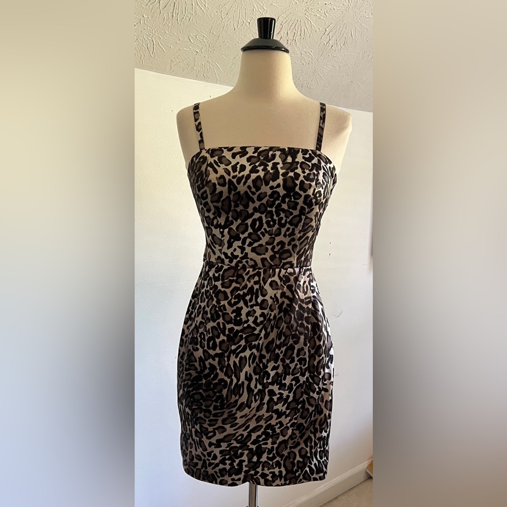 Guess Leopard Print Mesh Cut Out Satin Wrap Mini Dress